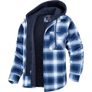 Men's Flannel Jacket with Removable Hood 5 Pockets Quilted Plaid Shirt Jackets
